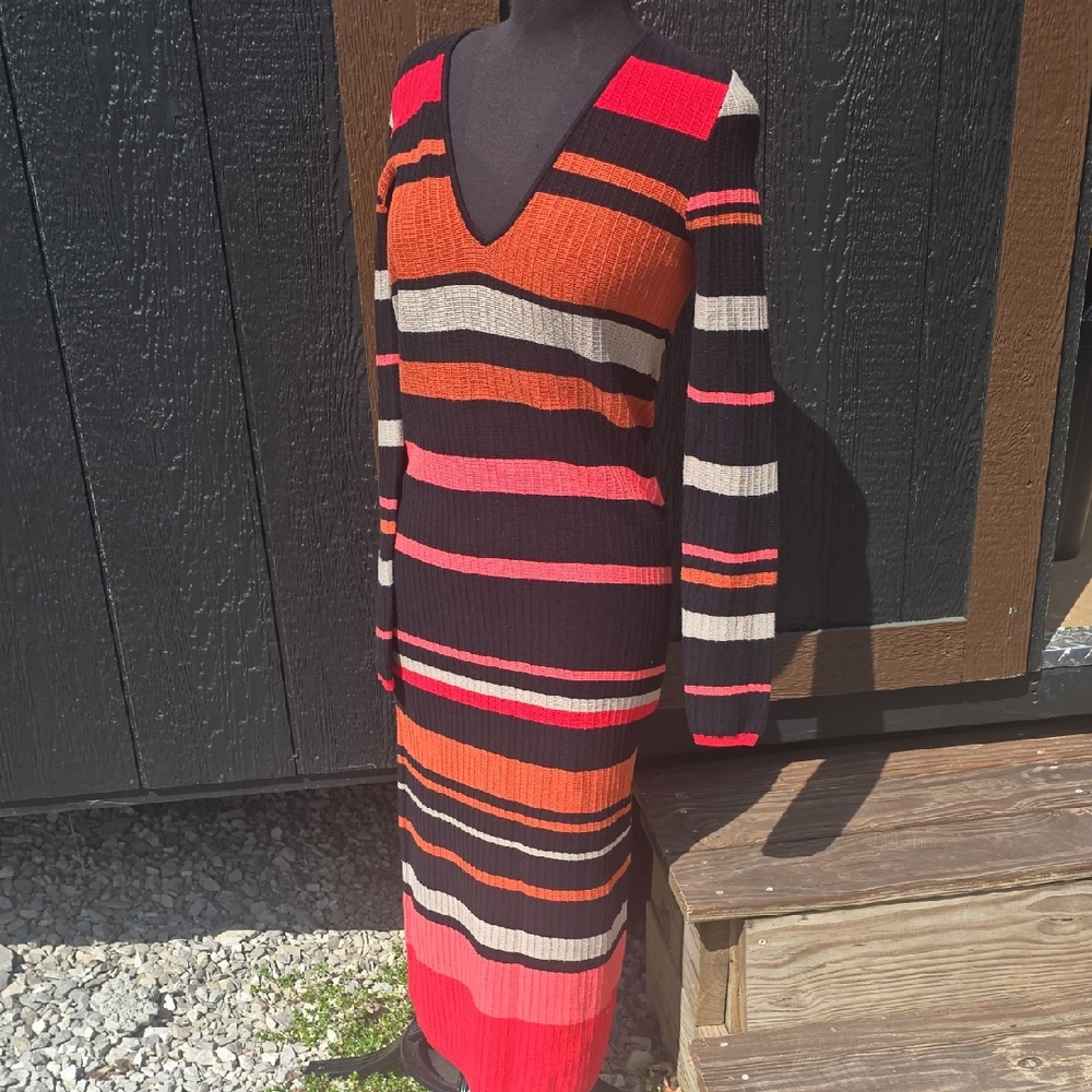Striped Knit V-Neck Midi Dress in Black, Orange, Pink And Black